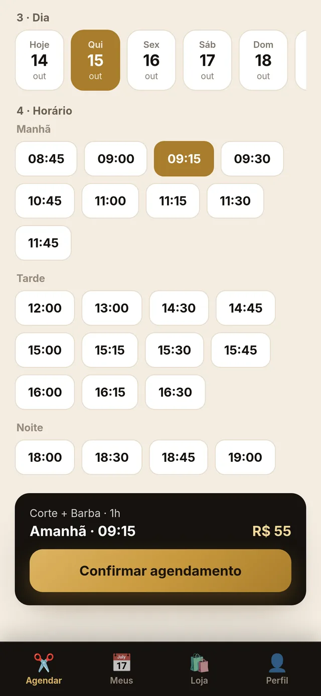 Tela do app com os horários livres para o cliente escolher
