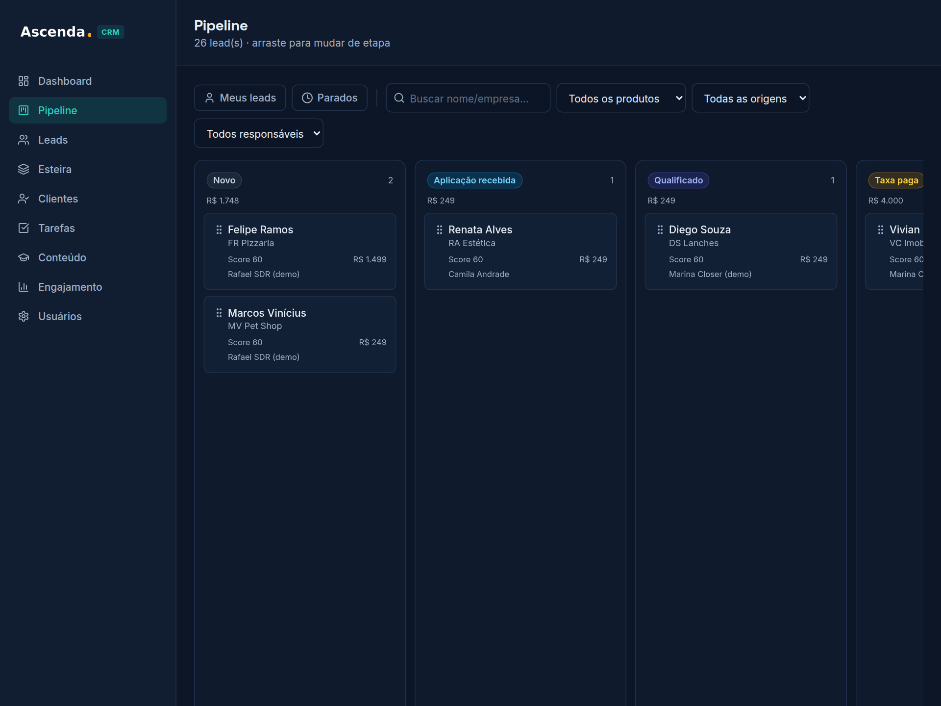 Pipeline de vendas (kanban)